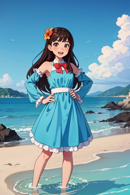 388473-3075687376-masterpiece,best quality,dramatic, 1girl, solo, long hair, brown hair, detached sleeves, open mouth, smile, outdoors, water, sky.png